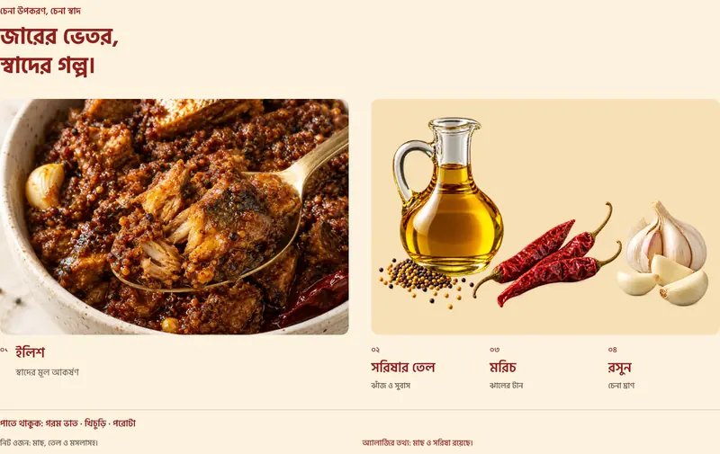 আমাদের ডিজাইনারের Figma export-এ ইলিশ আচারের ছবি, উপকরণ ও পণ্যের তথ্যের লেআউট